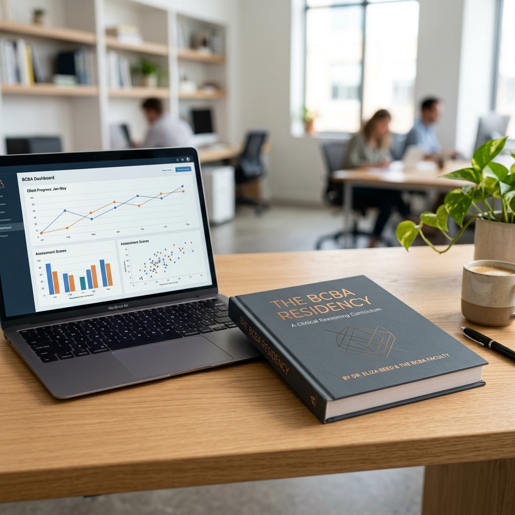 The BCBA Residency textbook mockup and clinical curriculum on a desk